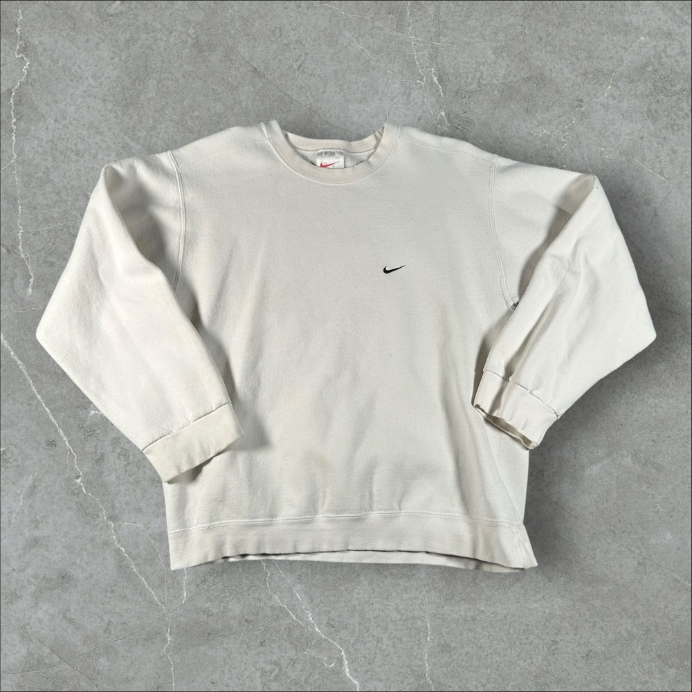 Vintage 90s Nike Sweatshirt Men Medium White Essentials Crew Earthtone Swoosh - Picture 1 of 9